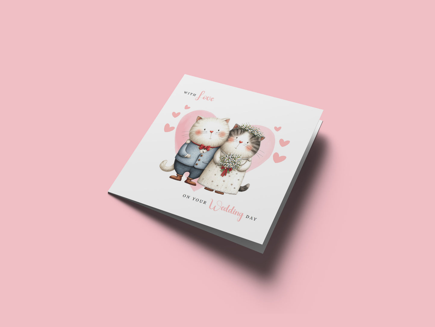 Cute Cat Wedding Card – Wedding Congratulations Card – Adorable Animal Wedding Card – Romantic Wedding Day Card for Newlywed couples, Cat Lovers, Him or Her – Pink Envelope Included
