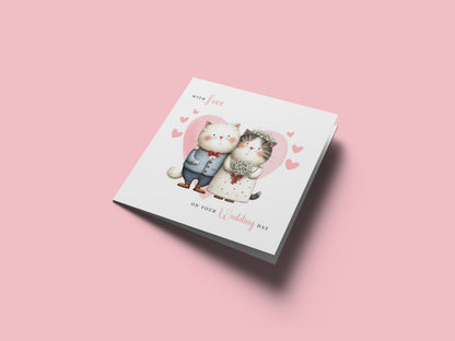 Cute Cat Wedding Card – Wedding Congratulations Card – Adorable Animal Wedding Card – Romantic Wedding Day Card for Newlywed couples, Cat Lovers, Him or Her – Pink Envelope Included