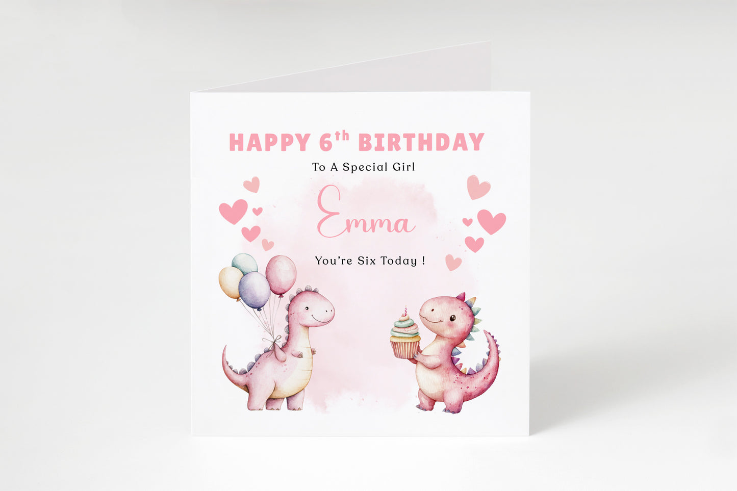 Personalised 6th Birthday Card for Girls – Cute Dinosaurs Design with Custom Name and Message – Age 6 Years Old Birthday Card for Girls, Kids, Daughter, Granddaughter, Niece – Pink Envelope Included