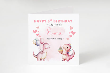 Personalised 6th Birthday Card for Girls – Cute Dinosaurs Design with Custom Name and Message – Age 6 Years Old Birthday Card for Girls, Kids, Daughter, Granddaughter, Niece – Pink Envelope Included