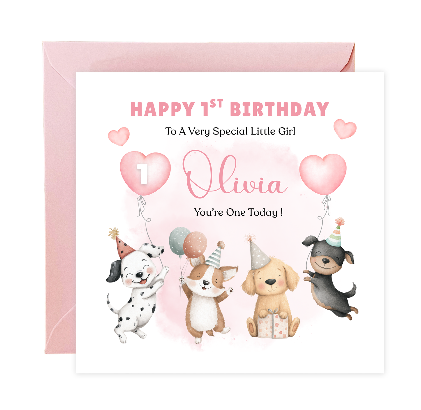 Personalised 1st Birthday Card for Baby Girl – Cute Puppy Dogs Design with Customised Name and Message– One Year Old First Birthday Card for Daughter, Granddaughter, Niece – Pink Envelope Included