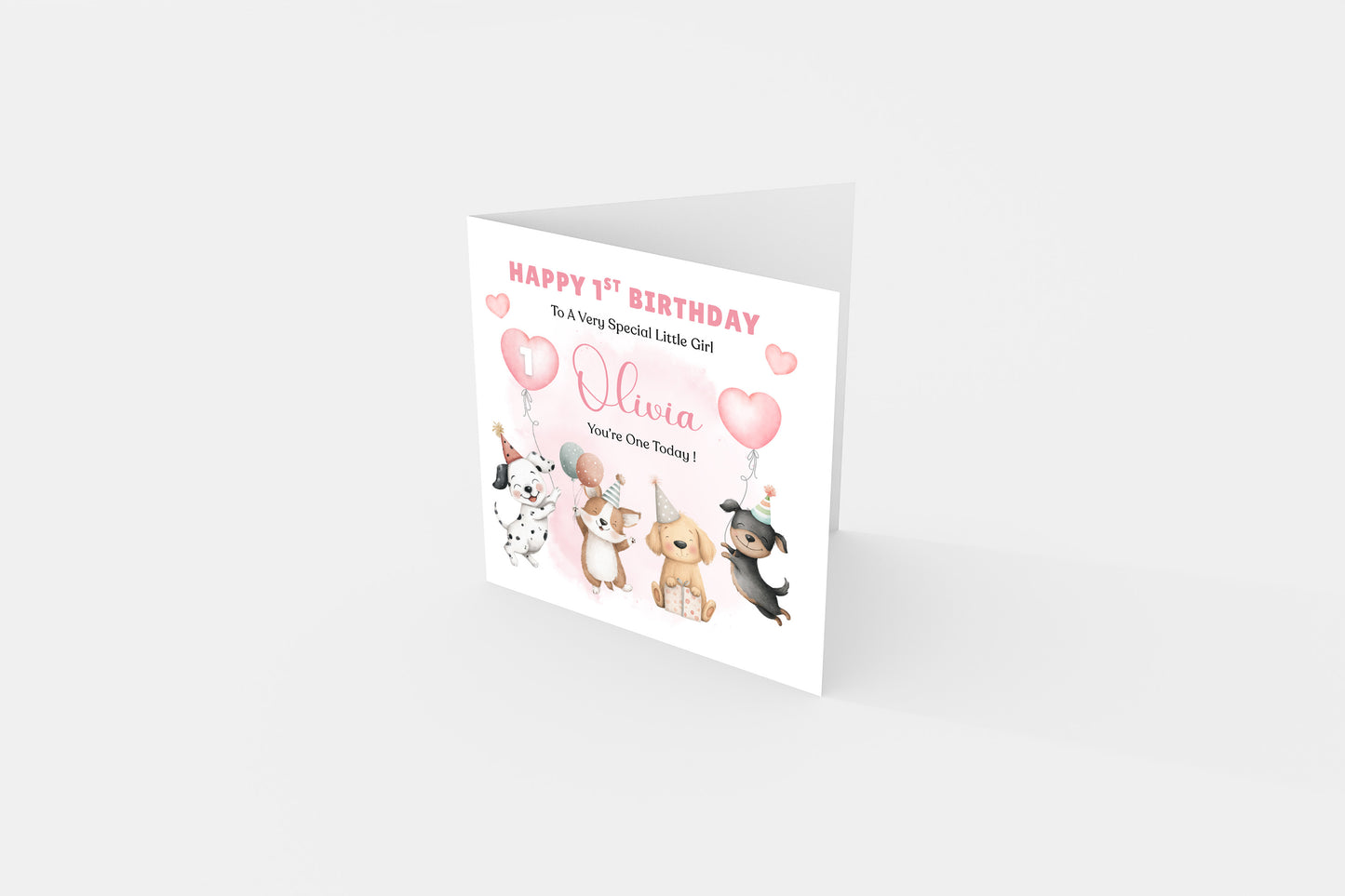 Personalised 1st Birthday Card for Baby Girl – Cute Puppy Dogs Design with Customised Name and Message– One Year Old First Birthday Card for Daughter, Granddaughter, Niece – Pink Envelope Included
