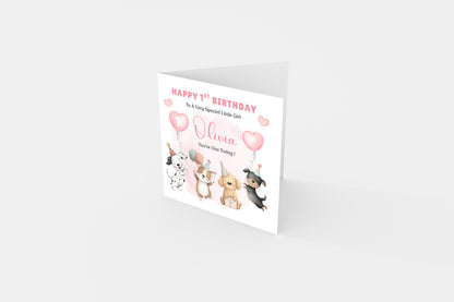 Personalised 1st Birthday Card for Baby Girl – Cute Puppy Dogs Design with Customised Name and Message– One Year Old First Birthday Card for Daughter, Granddaughter, Niece – Pink Envelope Included