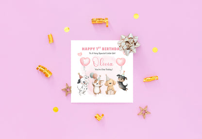 Personalised 1st Birthday Card for Baby Girl – Cute Puppy Dogs Design with Customised Name and Message– One Year Old First Birthday Card for Daughter, Granddaughter, Niece – Pink Envelope Included