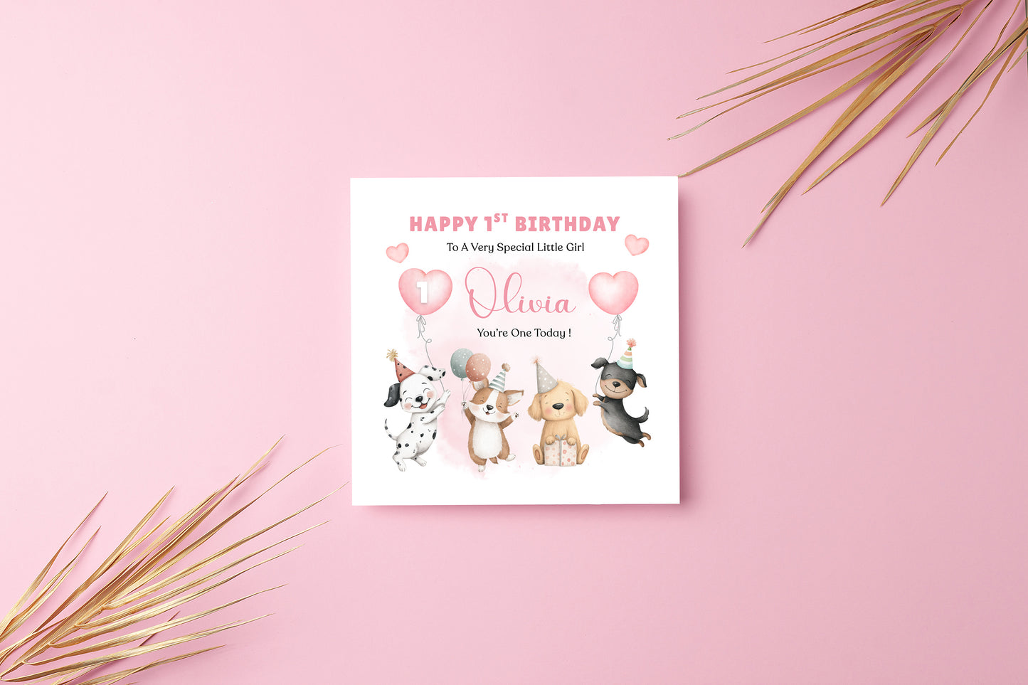 Personalised 1st Birthday Card for Baby Girl – Cute Puppy Dogs Design with Customised Name and Message– One Year Old First Birthday Card for Daughter, Granddaughter, Niece – Pink Envelope Included