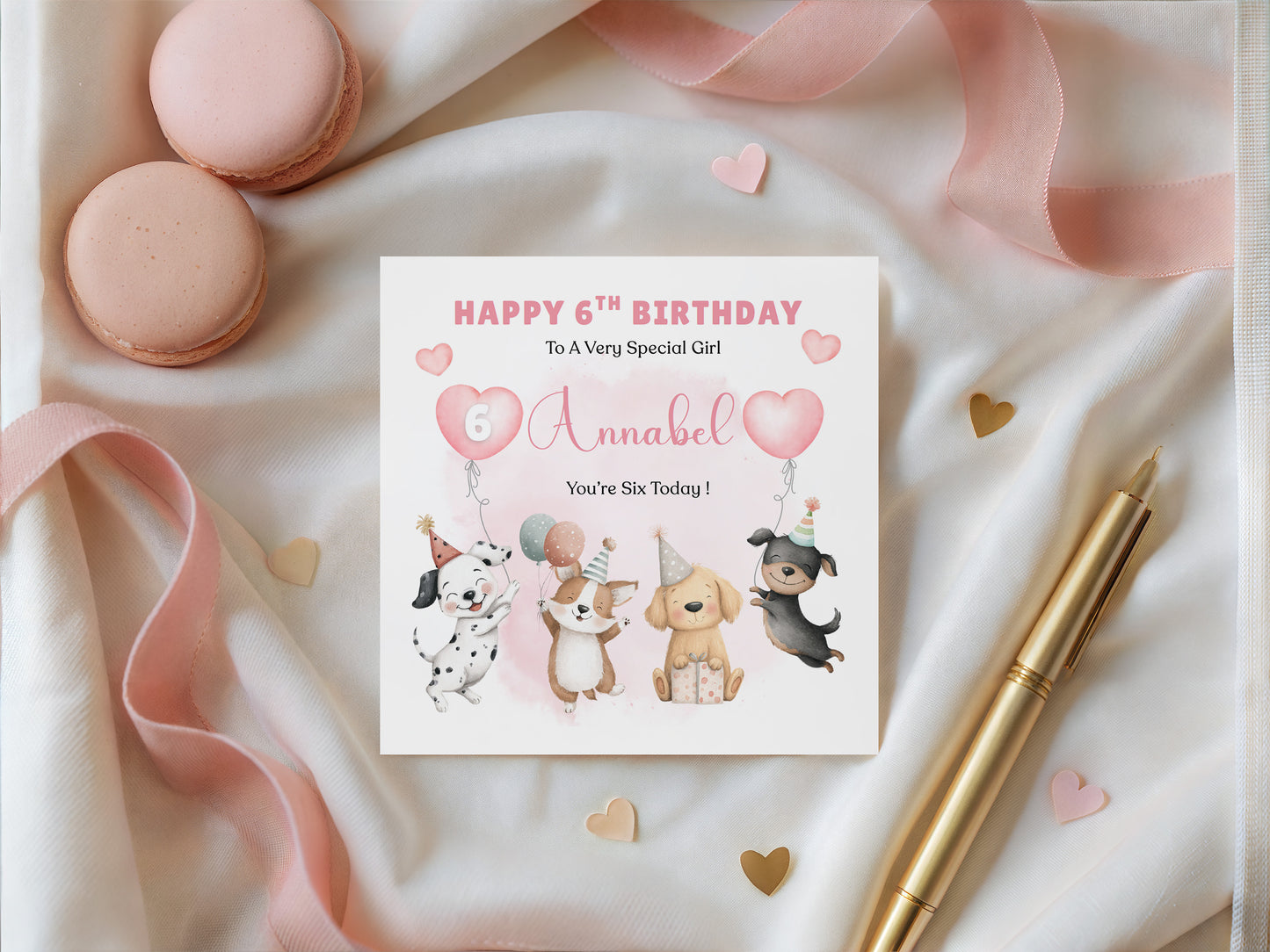 Personalised 6th Birthday Card for Girls – Cute Puppy Dogs Design with Custom Name and Message – Age 6 Years Old Birthday Card for Girls, Kids, Daughter, Granddaughter, Niece – Pink Envelope Included