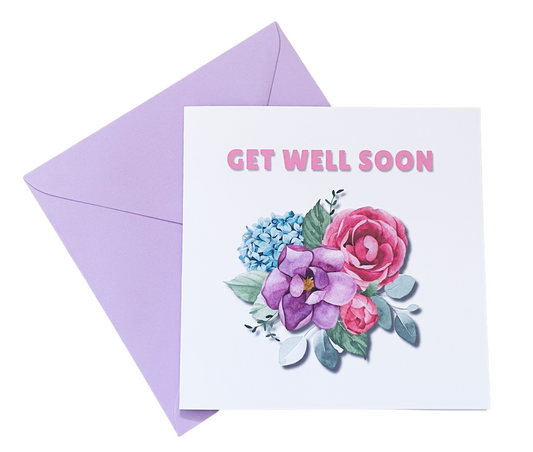 Get Well Soon Greeting Card - Beautiful Flowers Design - Elegant Recovery Card, Sympathy Card with Purple Envelope for Her, Mom, Friend and Loved Ones
