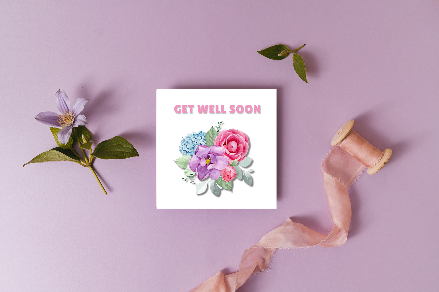 Get Well Soon Greeting Card - Beautiful Flowers Design - Elegant Recovery Card, Sympathy Card with Purple Envelope for Her, Mom, Friend and Loved Ones