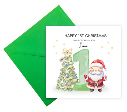 Personalised 1st Christmas Card for Baby Boy – Cute Santa and Christmas Tree Design with Customised Name & Message, Watercolor First Xmas Card for Son, Grandson, Nephew - Green Envelope Included