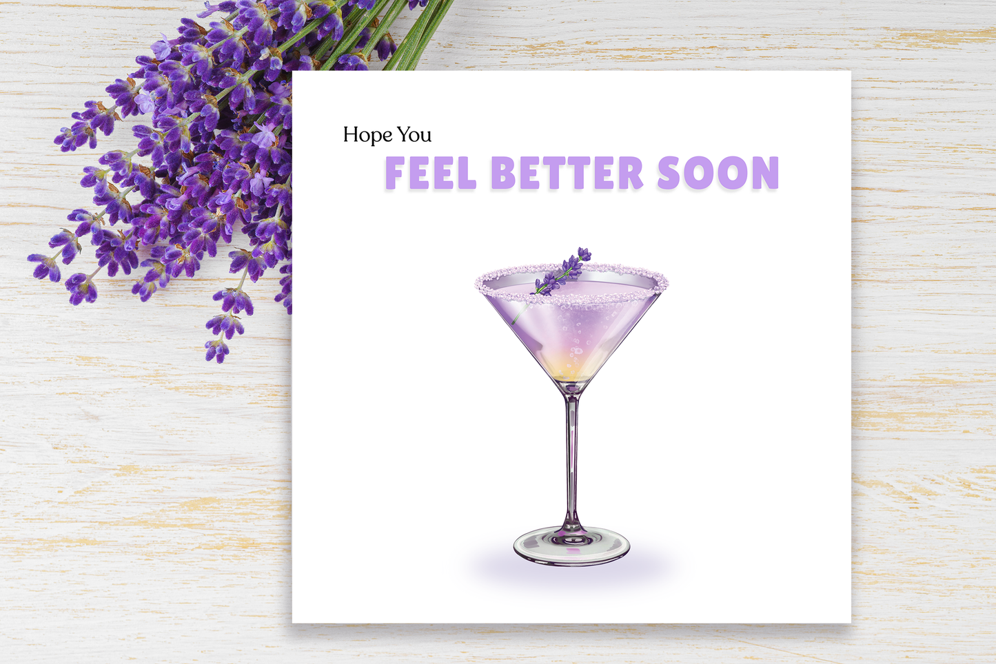 Hope You Feel Better Soon Card - Stylish Lavender Cocktail Greeting Card - Modern Get Well Soon, Thinking of You Card with Lavender/Purple Envelope for Men, Women, Friend and Loved Ones