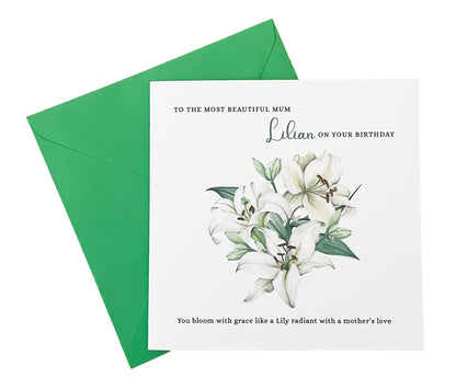 Personalised Mum Birthday Card – Elegant Lily Flower Design – Custom Name & Message – Handmade Floral Watercolour Card for Mother, Mummy, Mam – Green Envelope Included