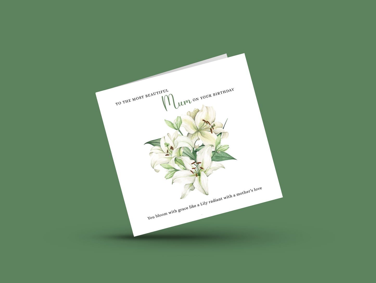 Lily Floral Birthday Card – Watercolour Flowers for Mum or Mother - Green Envelope Included