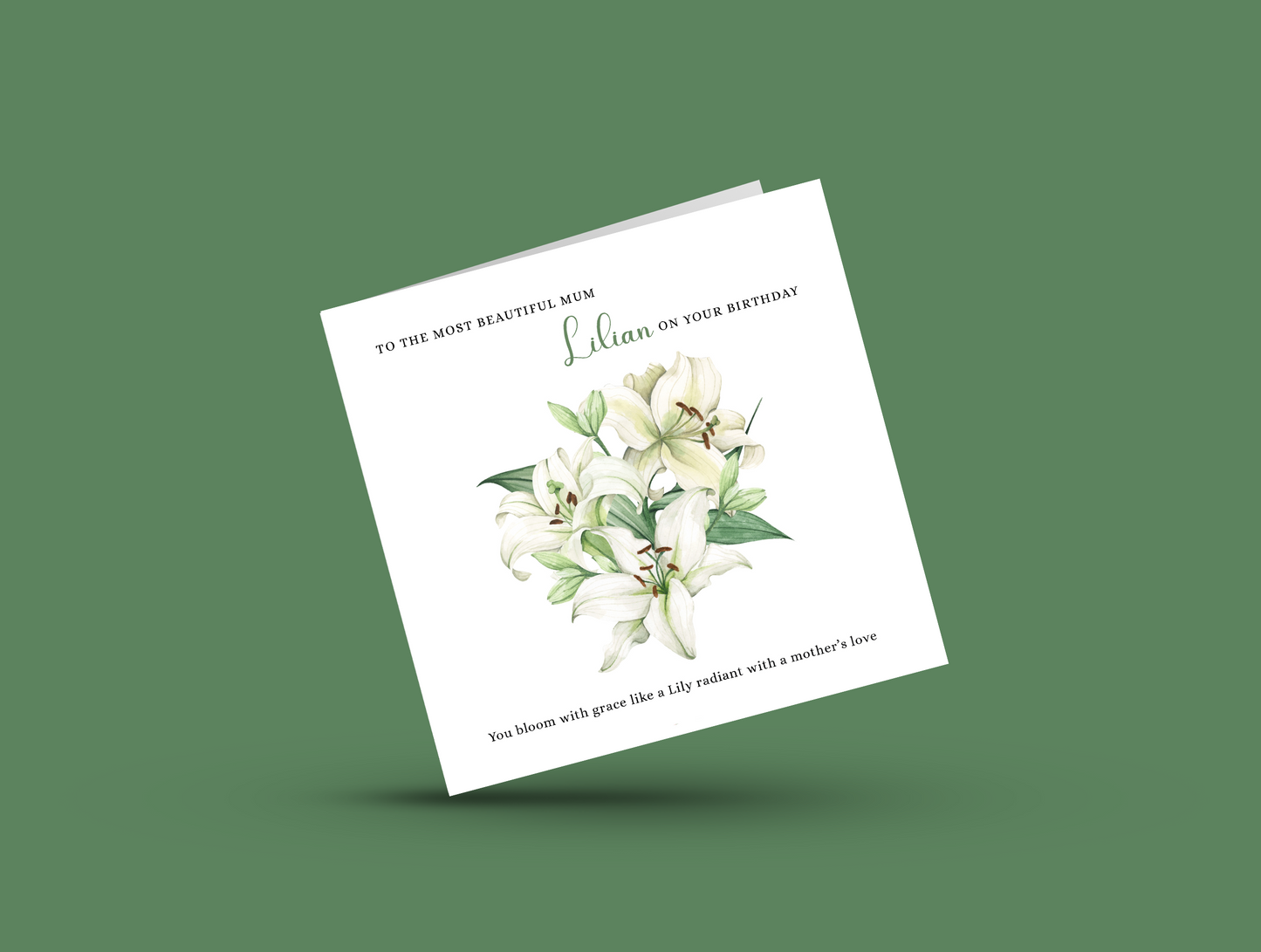 Personalised Mum Birthday Card – Elegant Lily Flower Design – Custom Name & Message – Handmade Floral Watercolour Card for Mother, Mummy, Mam – Green Envelope Included