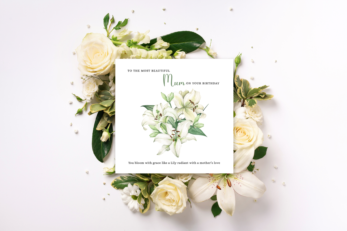 Lily Floral Birthday Card – Watercolour Flowers for Mum or Mother - Green Envelope Included