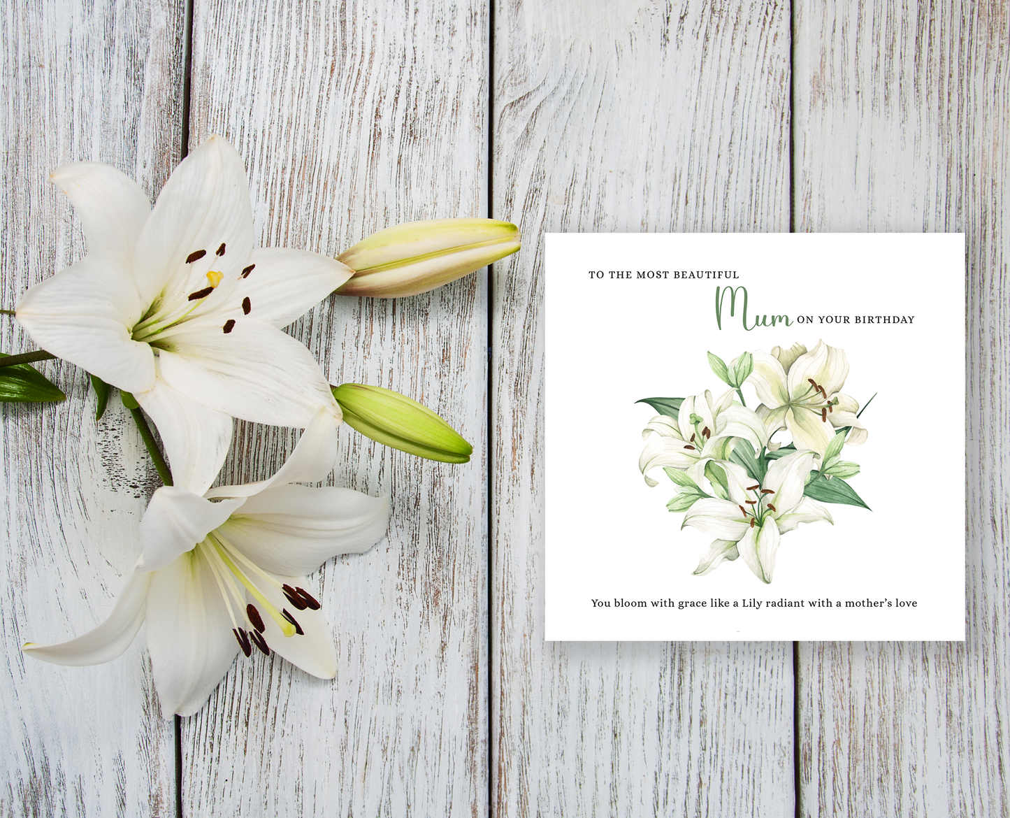 Lily Floral Birthday Card – Watercolour Flowers for Mum or Mother - Green Envelope Included