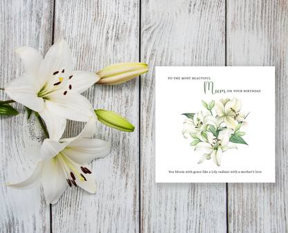 Lily Floral Birthday Card – Watercolour Flowers for Mum or Mother - Green Envelope Included