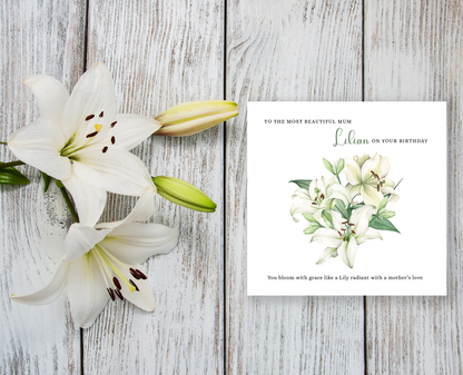 Personalised Mum Birthday Card – Elegant Lily Flower Design – Custom Name & Message – Handmade Floral Watercolour Card for Mother, Mummy, Mam – Green Envelope Included