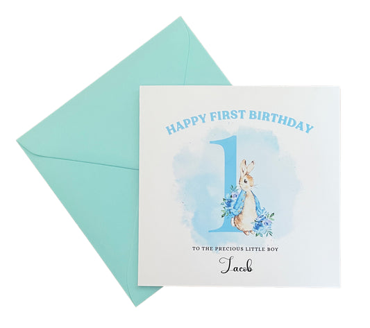 Blue Rabbit -Personalised Watercolour Effect 1 Year Birthday Folded Card for Boys, Custom Name & Message, Custom Name and Message One- Year-Old Happy 1st Birthday Card, Customisable Birthday Card