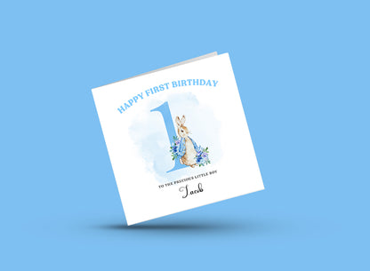 Blue Rabbit -Personalised Watercolour Effect 1 Year Birthday Folded Card for Boys, Custom Name & Message, Custom Name and Message One- Year-Old Happy 1st Birthday Card, Customisable Birthday Card