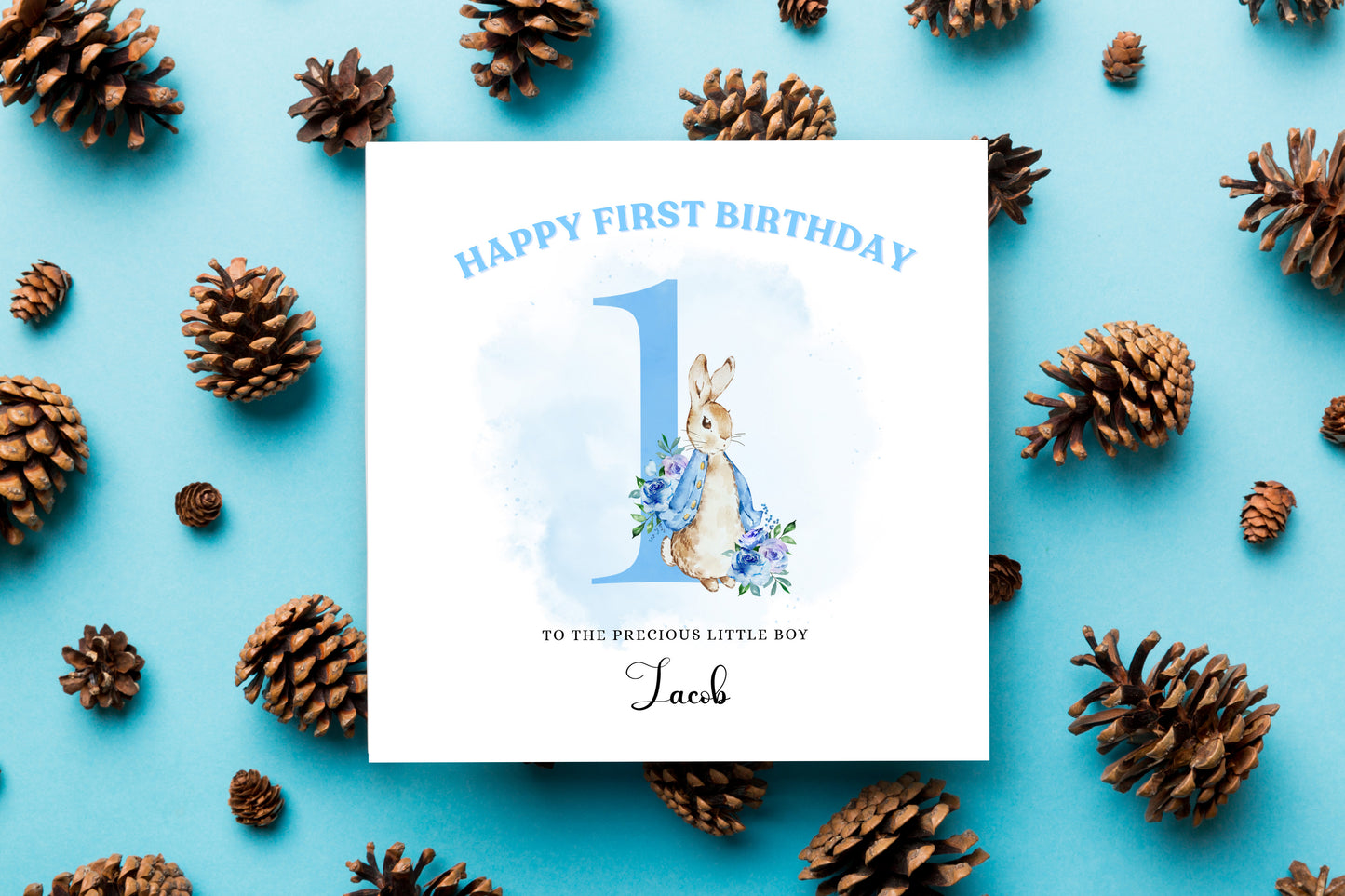 Blue Rabbit -Personalised Watercolour Effect 1 Year Birthday Folded Card for Boys, Custom Name & Message, Custom Name and Message One- Year-Old Happy 1st Birthday Card, Customisable Birthday Card