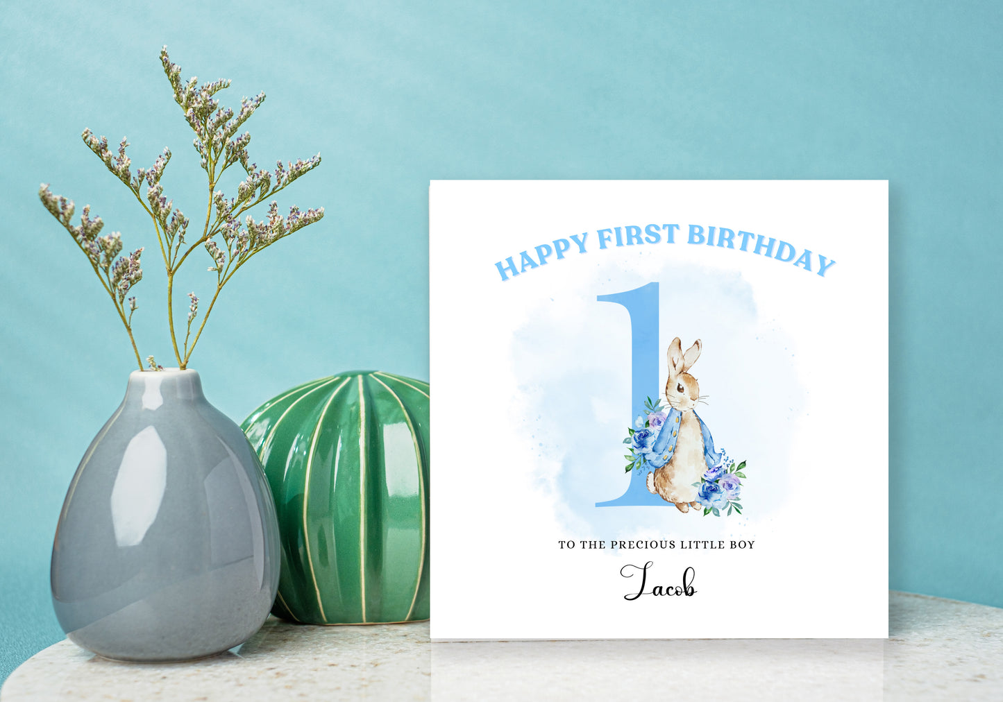 Blue Rabbit -Personalised Watercolour Effect 1 Year Birthday Folded Card for Boys, Custom Name & Message, Custom Name and Message One- Year-Old Happy 1st Birthday Card, Customisable Birthday Card