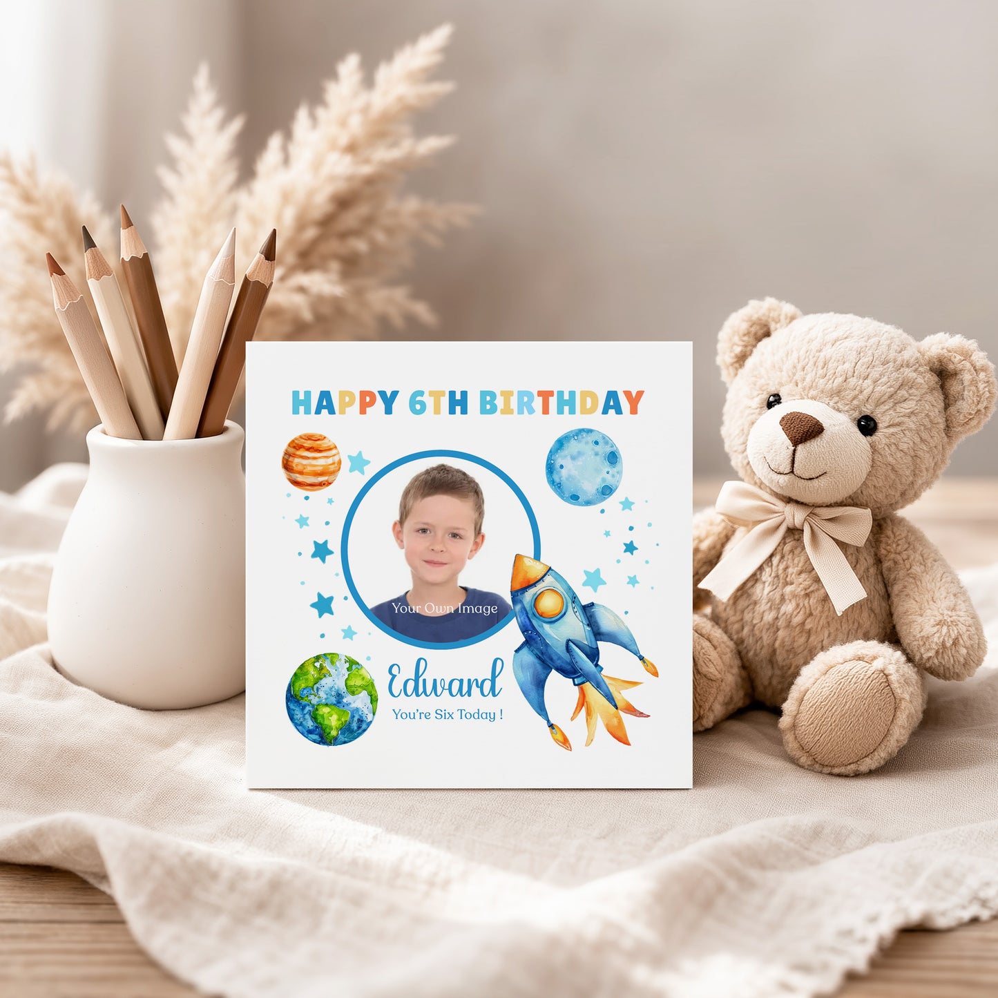 Personalised Photo 6th Birthday Card for Boys – Space-Themed Design with Custom Name and Message, Age 6 Years Old Birthday Card for Kids, Children, Boy, Son, Grandson, Nephew – Blue Envelope Included