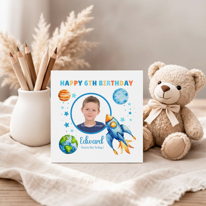 Personalised Photo 6th Birthday Card for Boys – Space-Themed Design with Custom Name and Message, Age 6 Years Old Birthday Card for Kids, Children, Boy, Son, Grandson, Nephew – Blue Envelope Included