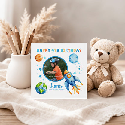 Personalised Photo 4th Birthday Card for Boys – Space-Themed Design with Custom Name and Message, Age 4 Years Old Birthday Card for Kids, Children, Boy, Son, Grandson, Nephew – Blue Envelope Included