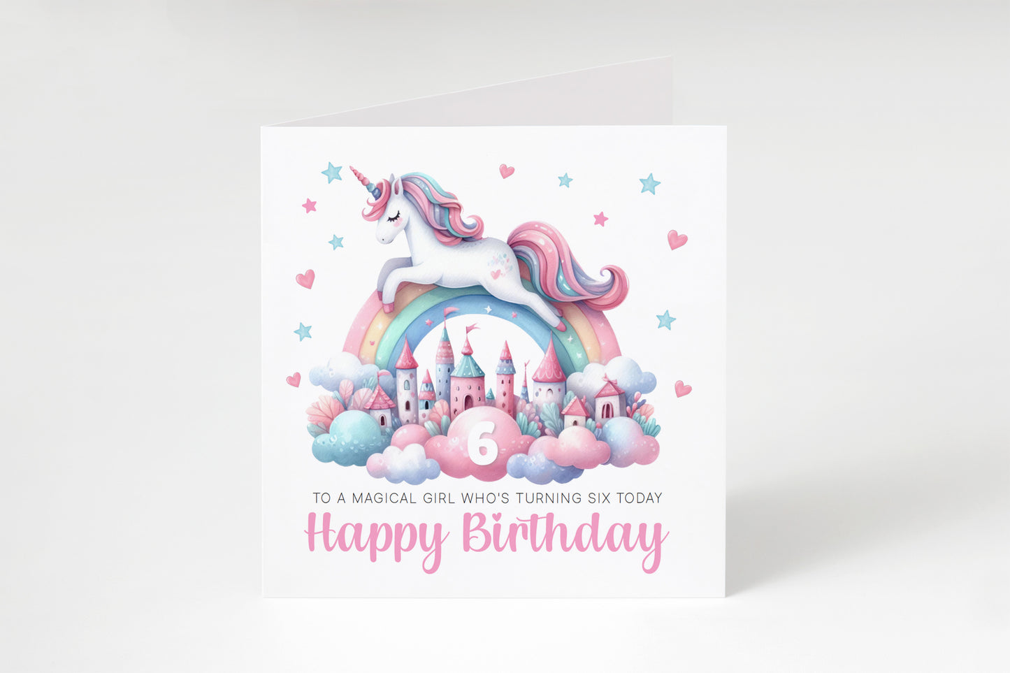 Magical Birthday Card for 6 Years Old 6th Birthday Girls – Sweet Unicorn and Rainbow Design - Age 6 Birthday Card for Kids Children Daughter Granddaughter Niece - Pink Envelope Included