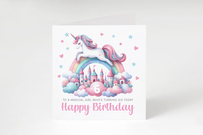 Magical Birthday Card for 6 Years Old 6th Birthday Girls – Sweet Unicorn and Rainbow Design - Age 6 Birthday Card for Kids Children Daughter Granddaughter Niece - Pink Envelope Included