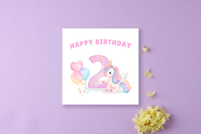 Magical Unicorn with Big Number 2 Design- 2rd Birthday Card for Toddler - 2 Years Old Birthday Card for Baby Girl, Daughter, Granddaughter, Niece, Children's Birthday Card – Purple Envelope Included