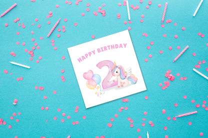 Magical Unicorn with Big Number 2 Design- 2rd Birthday Card for Toddler - 2 Years Old Birthday Card for Baby Girl, Daughter, Granddaughter, Niece, Children's Birthday Card – Purple Envelope Included