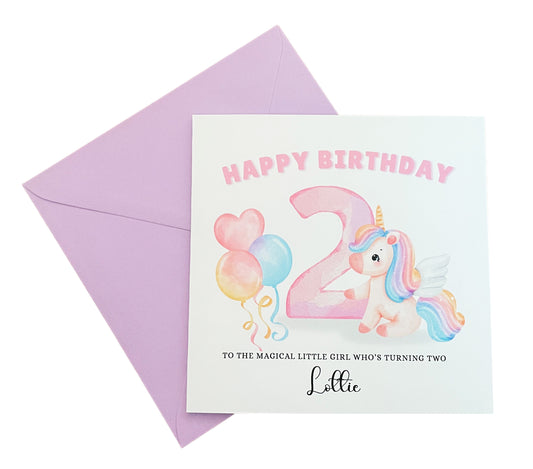 Unicorn -Personalised Watercolour Effect 2 Year Old Birthday Folded Card for Girls who loves Fairy Tales, Custom Name and Mesage Happy 2nd Birthday Card, Customisable Birthday Card for Children