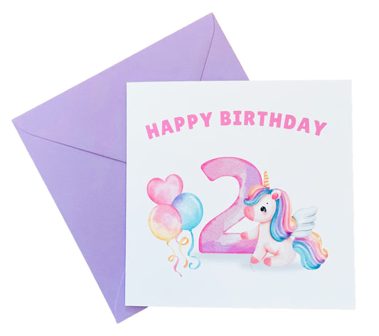 Magical Unicorn with Big Number 2 Design- 2rd Birthday Card for Toddler - 2 Years Old Birthday Card for Baby Girl, Daughter, Granddaughter, Niece, Children's Birthday Card – Purple Envelope Included