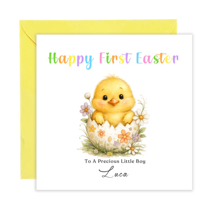 Personalised 1st Happy Easter Card for Baby Girl, Baby Boy with Custom Name and Message - Cute Fluffy Chick Design - First Easter Card for Grandkids, Nephew, Niece, Kids, Little One with Yellow Envelope