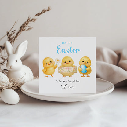 Personalised Happy Easter Card for Boys with Custom Name and Message - Cute Baby Chick Design for Son, Grandson, Nephew, Kids, Boy, Baby boy, Little One – Blue Envelope Included