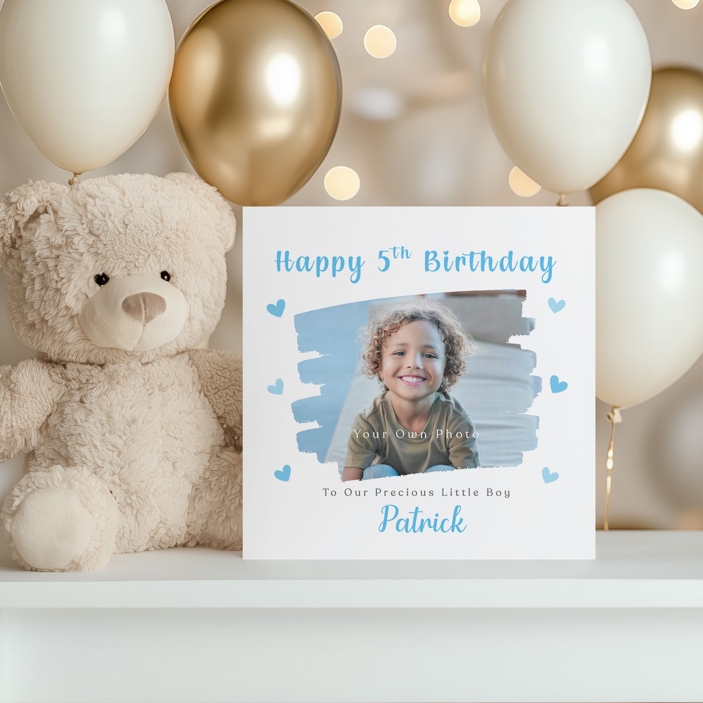 Personalised Photo 5th Birthday Card for Boys – Brush Stroke Frame with Custom Photo, Name & Message, Age 5 Years Old Fifth Birthday Card for Kids, Son, Grandson, Nephew –  Blue Envelope Included