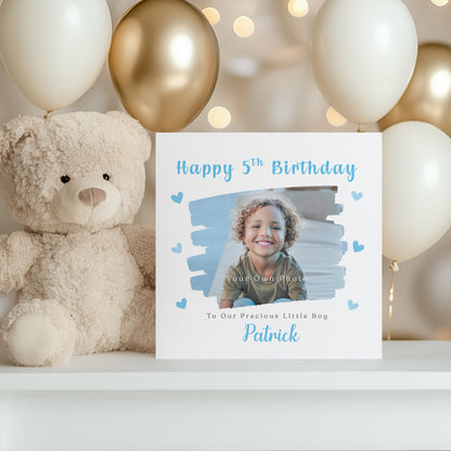 Personalised Photo 5th Birthday Card for Boys – Brush Stroke Frame with Custom Photo, Name & Message, Age 5 Years Old Fifth Birthday Card for Kids, Son, Grandson, Nephew –  Blue Envelope Included