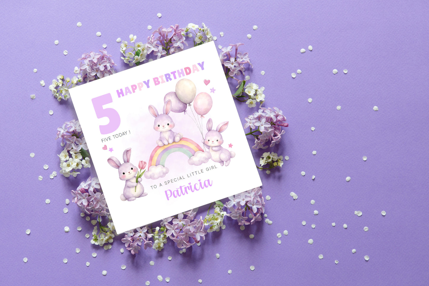 Personalised Bunny 5 Years Old 5th Birthday Card for Girls – Purple Rabbit Design with Custom Name & Message - Age 5 Girl, Kids,Children, Daughter, Granddaughter, Niece - Purple Envelope Includeder Niece - Pink Envelope Included