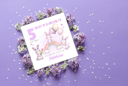 Personalised Bunny 5 Years Old 5th Birthday Card for Girls – Purple Rabbit Design with Custom Name & Message - Age 5 Girl, Kids,Children, Daughter, Granddaughter, Niece - Purple Envelope Includeder Niece - Pink Envelope Included