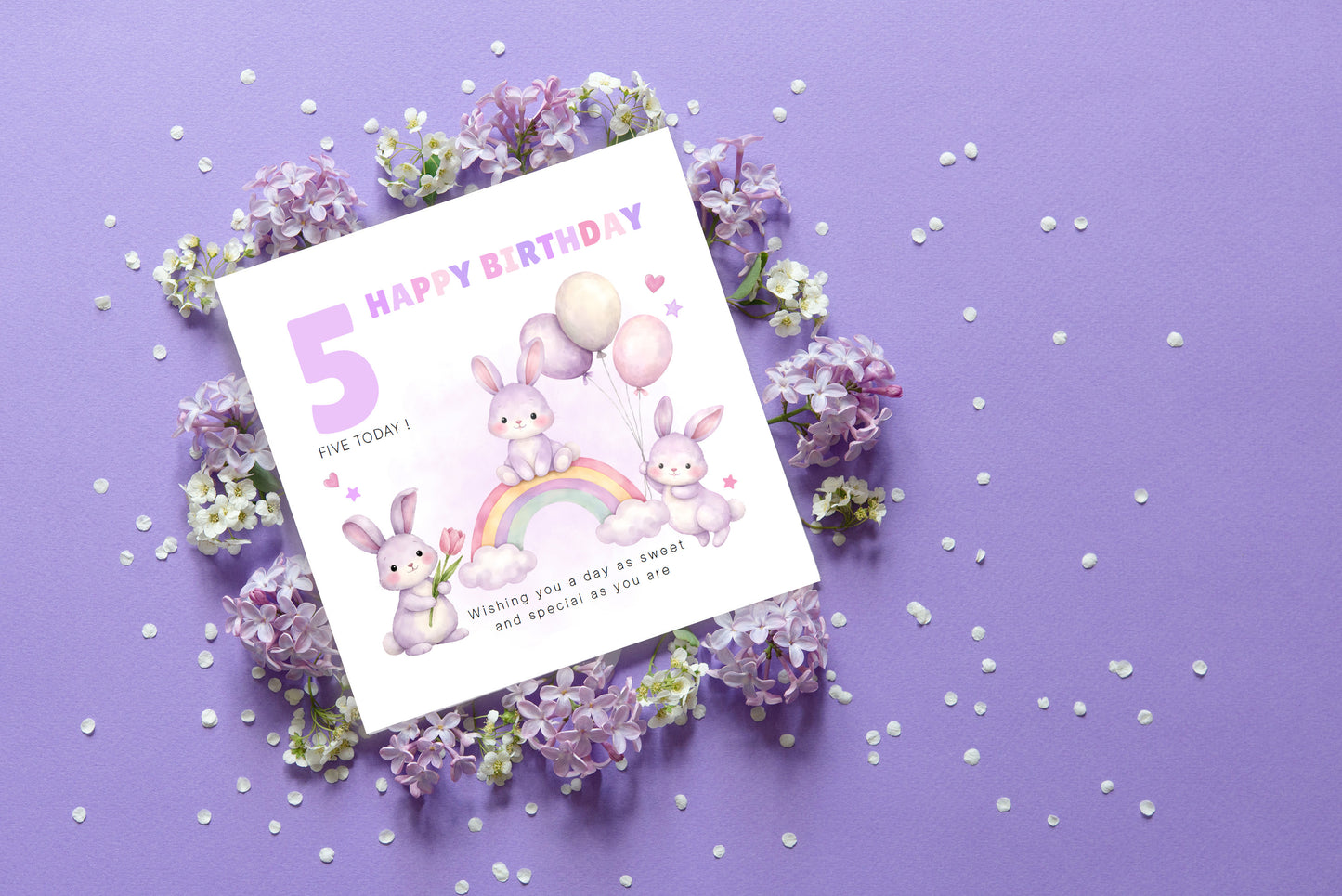 Purple Bunny 5 Years Old 5th Birthday Card for Girls – Lilac Rabbit Design with Sweet Message - Age 5 Girl, Kids,Children, Daughter, Granddaughter, Niece - Purple Envelope Included