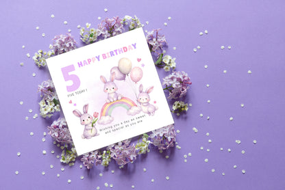 Purple Bunny 5 Years Old 5th Birthday Card for Girls – Lilac Rabbit Design with Sweet Message - Age 5 Girl, Kids,Children, Daughter, Granddaughter, Niece - Purple Envelope Included