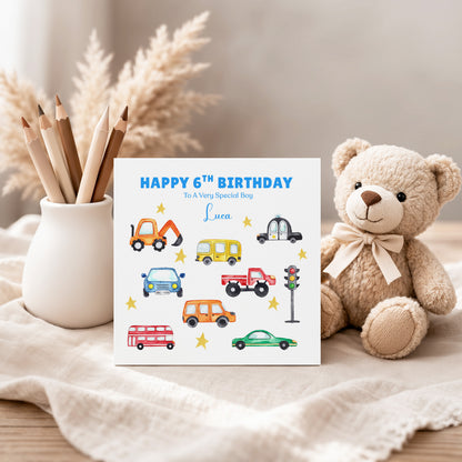 Personalised 6th Birthday Card for Boys – Car Digger Bus Design with Custom Name and Message, Age 6 Years Old Birthday Card for Kids, Children, Boy, Son, Grandson, Nephew– Blue Envelope Included
