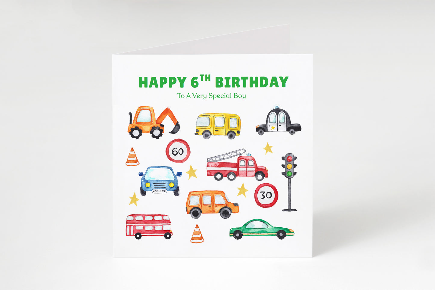 Happy 6th Birthday Card for Boys – Car Digger Bus Design, Boy Vehicle Birthday Card, Age 6 Years Old Birthday Card for Kids, Children, Boy, Son, Grandson, Nephew– Blue Envelope Included
