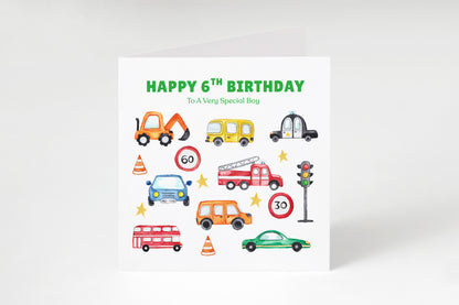 Happy 6th Birthday Card for Boys – Car Digger Bus Design, Boy Vehicle Birthday Card, Age 6 Years Old Birthday Card for Kids, Children, Boy, Son, Grandson, Nephew– Blue Envelope Included