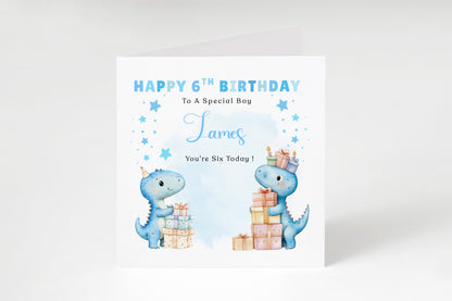 Personalised 6th Birthday Card for Boys – Cute Dinosaurs Design with Custom Name and Message – Age 6 Years Old Birthday Card for Boys, Kids, Son, Grandson, Nephew – Blue Envelope Included