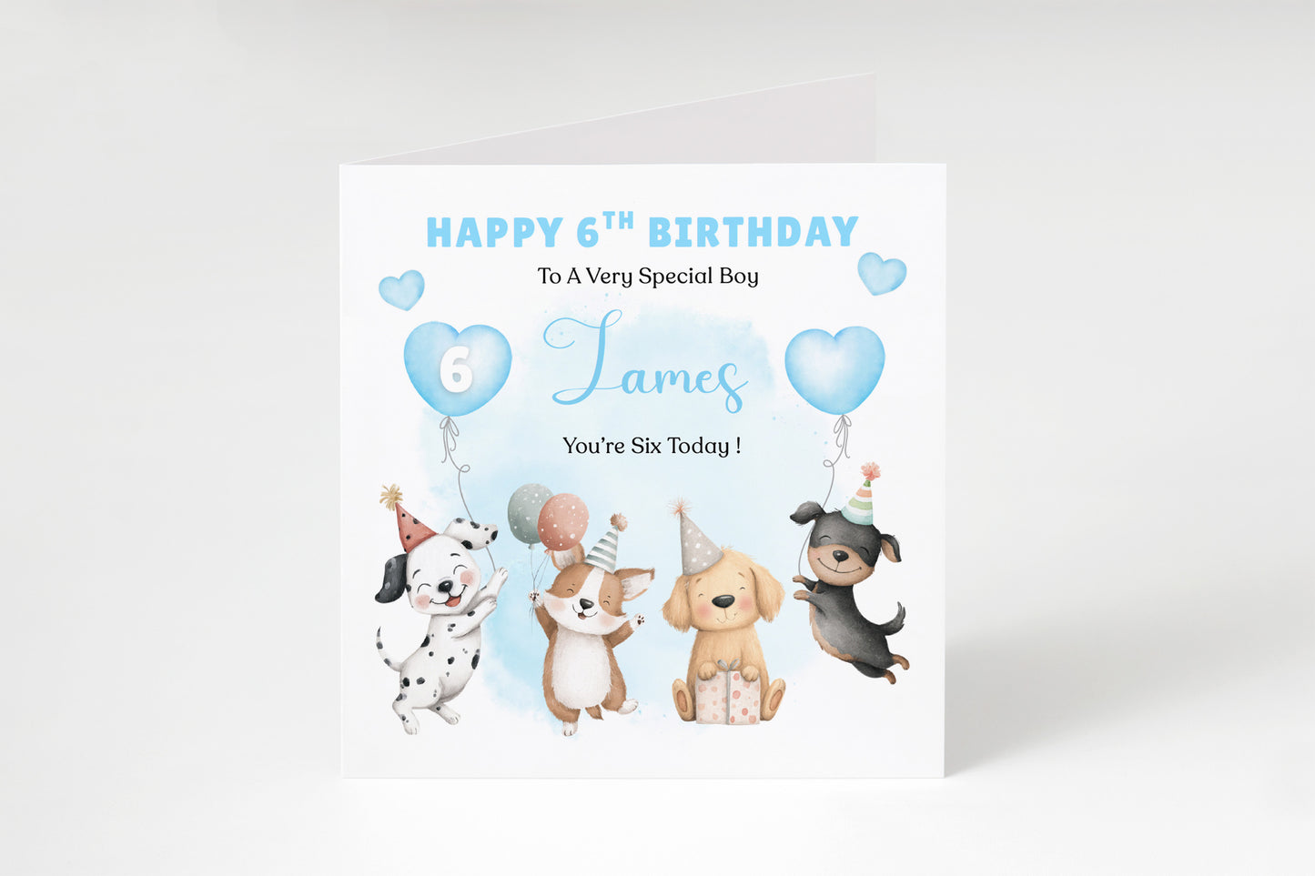 Personalised 6th Birthday Card for Boys – Cute Puppy Dogs Design with Custom Name and Message, Age 6 Years Old Birthday Card for Kids, Children, Boy, Son, Grandson, Nephew– Blue Envelope Included