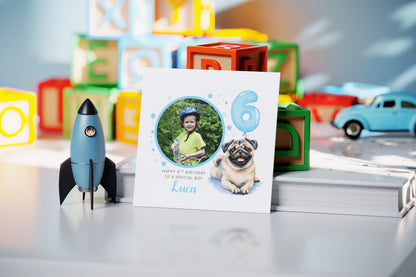 Personalised Photo 6th Birthday Card for Boys – Pug Dog Design with Custom Name and Message, Age 6 Years Old Birthday Card for Dog Lover, Kids, Boy, Son, Grandson, Nephew – Blue Envelope Included