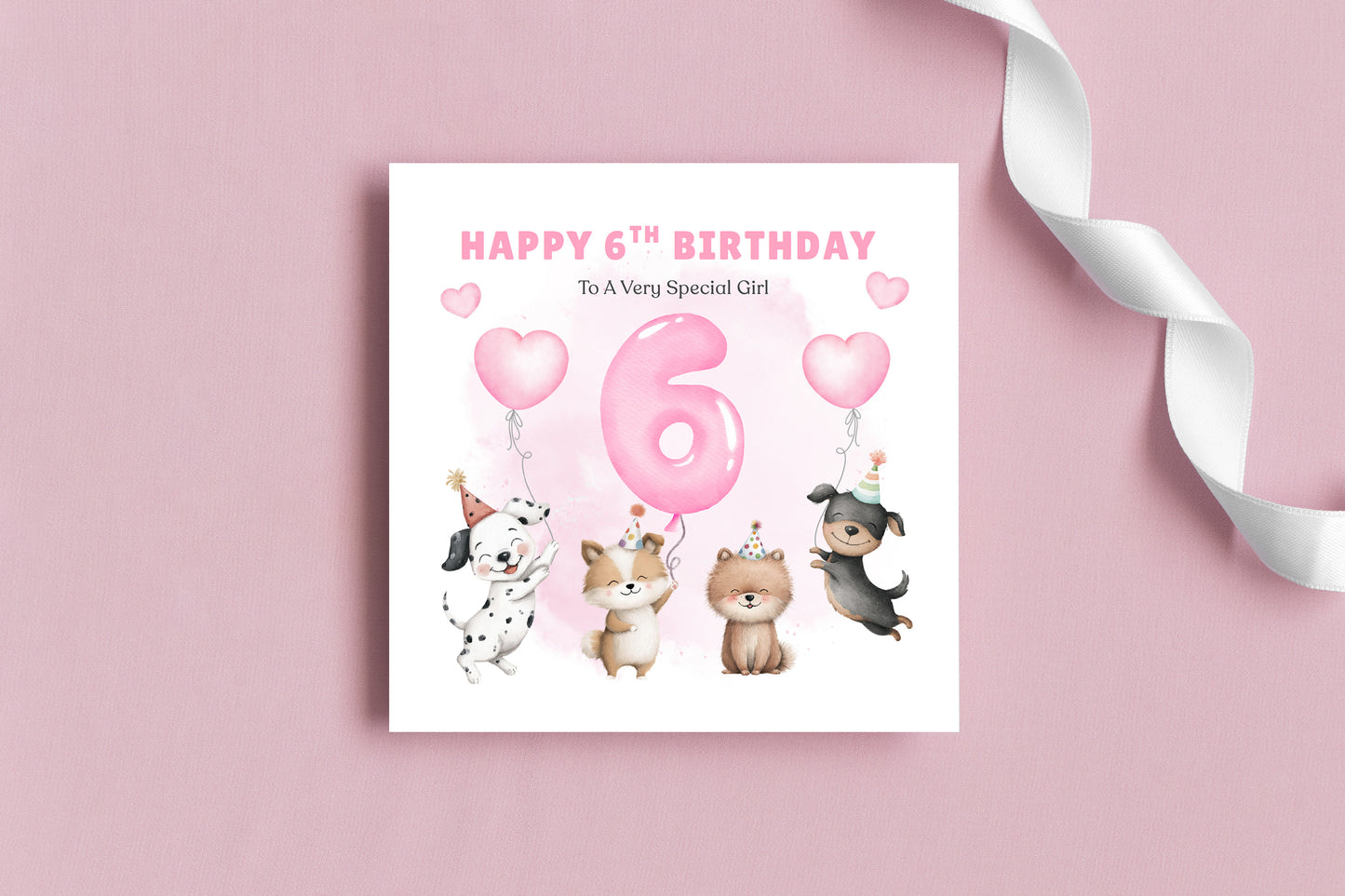 Sweet 6th Birthday Card for Girls - Cute Puppy Dogs and Balloon Design - Happy Birthday Card for Age 6 Years Old Girls, Kids, Daughter, Granddaughter, Niece – Pink Envelope Included