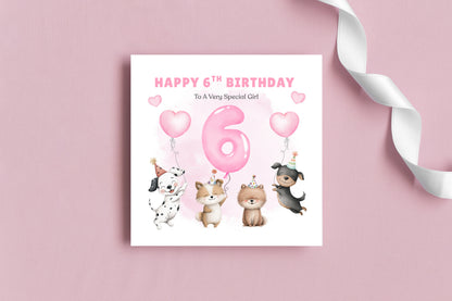 Sweet 6th Birthday Card for Girls - Cute Puppy Dogs and Balloon Design - Happy Birthday Card for Age 6 Years Old Girls, Kids, Daughter, Granddaughter, Niece – Pink Envelope Included